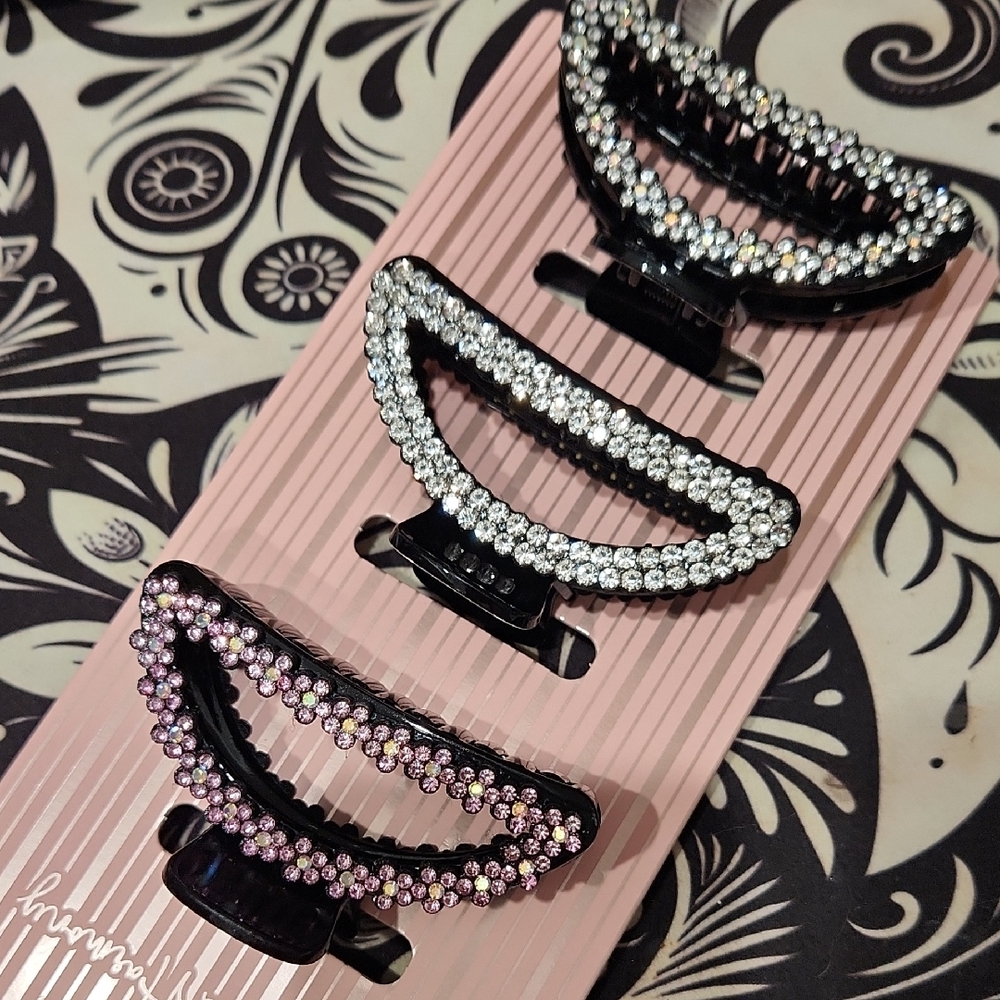 Sparkling Rhinestone Hair Clips - Black, Silver, Pink